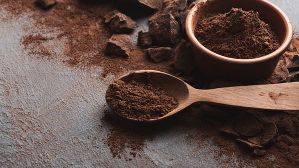 A wooden spoon of cocoa powder lies on a grey surface in front of a brown bowl containing the powder. Cocoa powder and chocolate chunks are scattered on the grey surface.