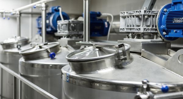 几个大型钢罐的顶部,上面有压力表和管子。