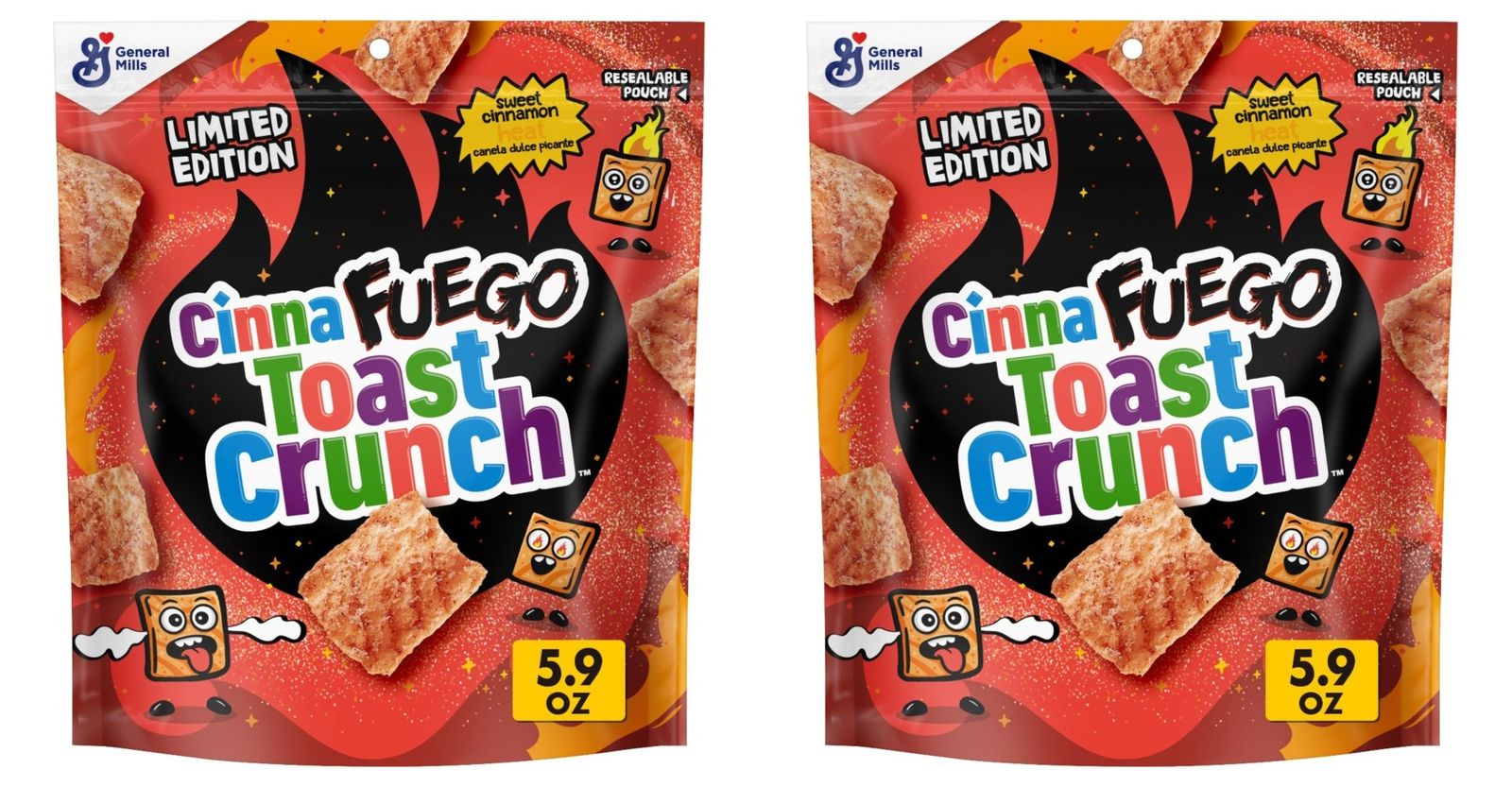 白色背景上，两袋鲜红色的CinnaFuego吐司脆片。