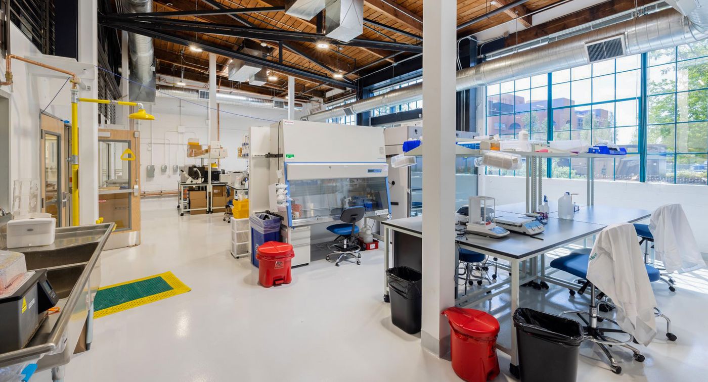 A view of an industrial room with scientific equipments and desks.