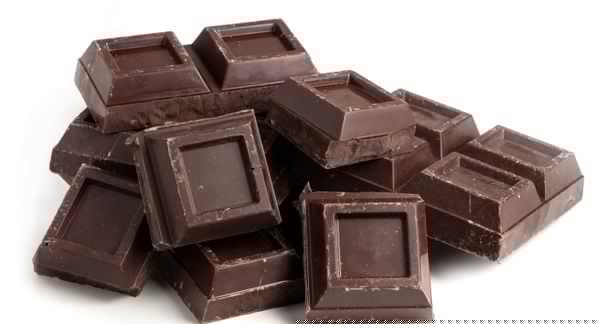 Broken squares of dark chocolate in a pile on a white background.