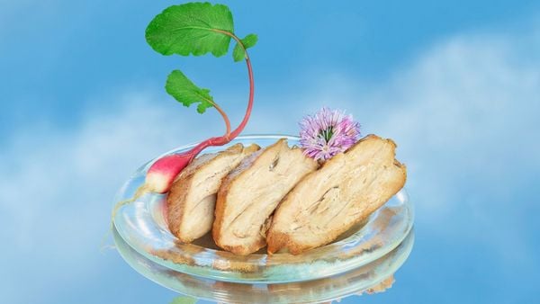Three slices of Air Chicken are on a glass plate, garnished with a small radish and purple flower. The background is a blue sky with a few clouds.